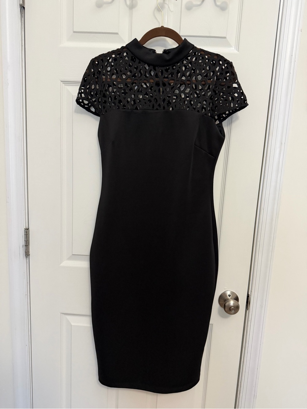 Classic Black Midi Dress with Laser-Cut Yoke